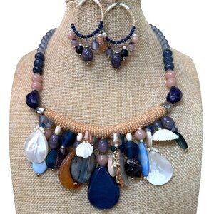 Chunky Beaded Necklace Hoop Earrings Set Gemstone Shell, Coastal, Beachy, Vacay